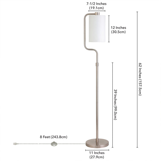 62" Nickel Reading Floor Lamp With White Frosted Glass Drum Shade