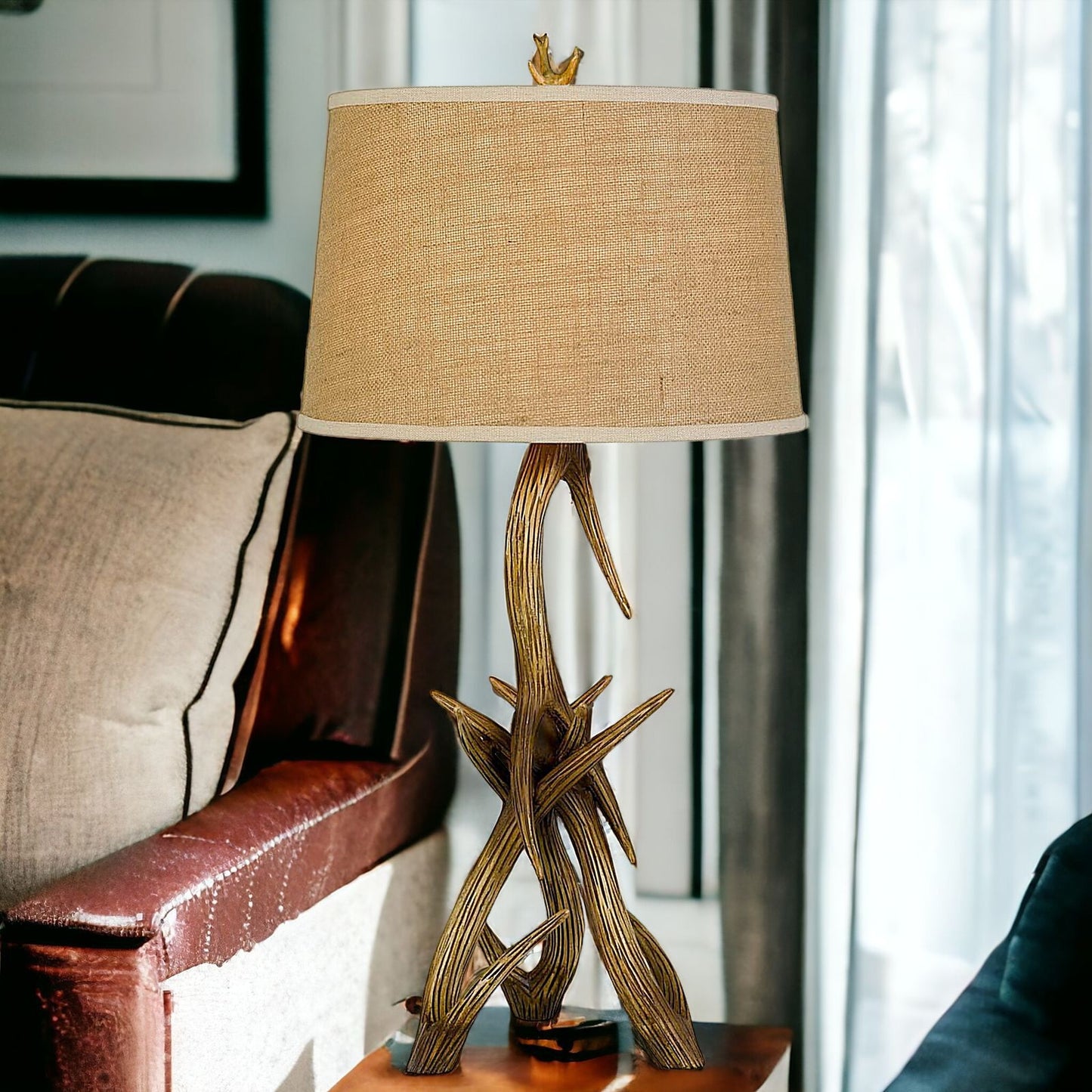 33" Brown Antlers Table Lamp With Brown Empire Shade