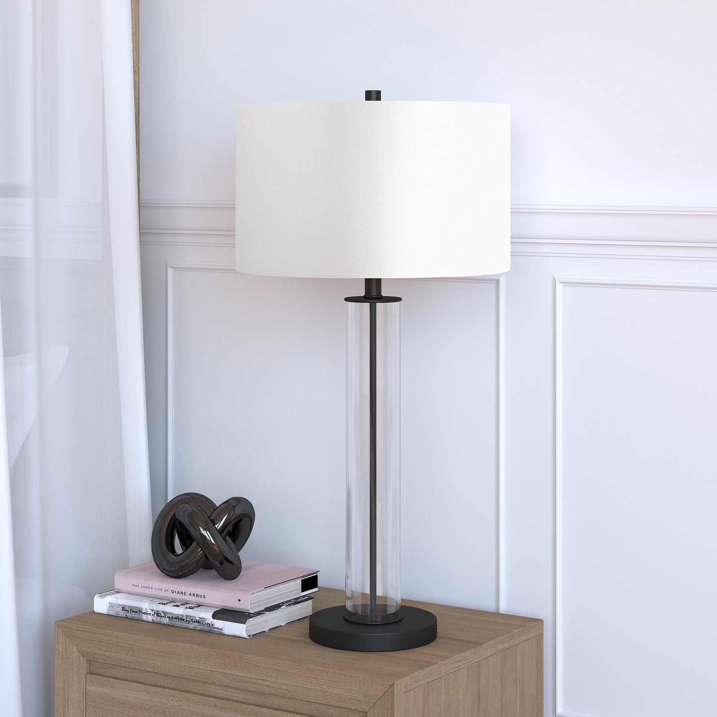 29" Black Glass Table Lamp With White Drum Shade