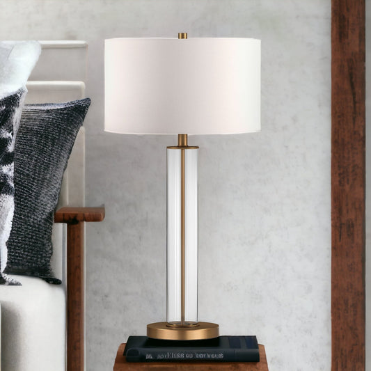 29" Brass Glass Table Lamp With White Drum Shade