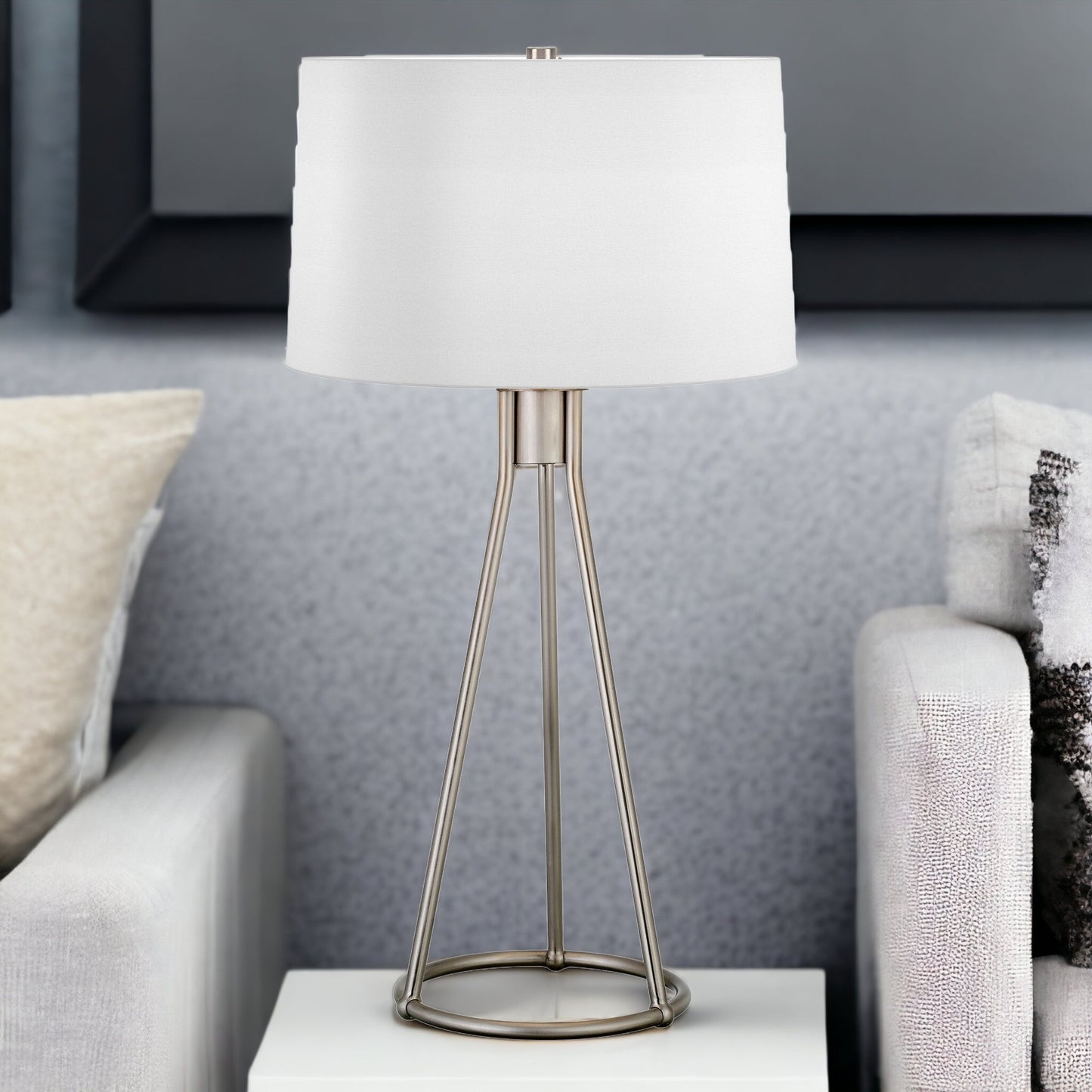 28" Nickel Metal Table Lamp With White Drum Shade