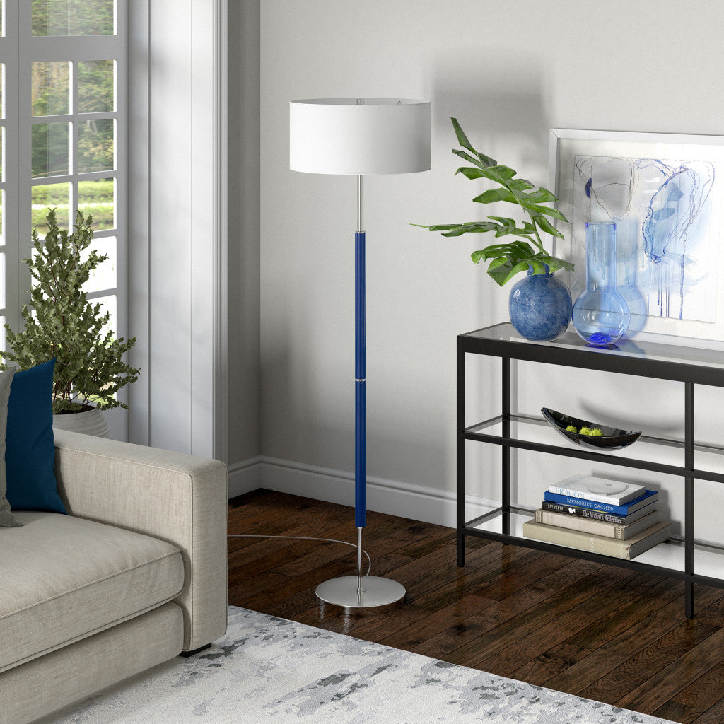 61" Blue Two Light Floor Lamp With White Frosted Glass Drum Shade