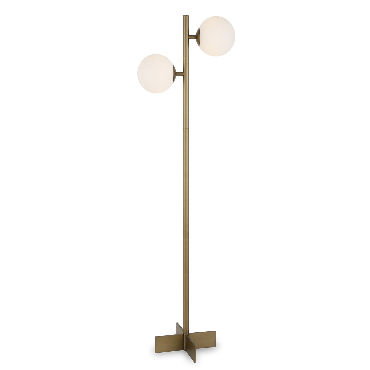 70" Brass Two Light Tree Floor Lamp With White Frosted Glass Globe Shade