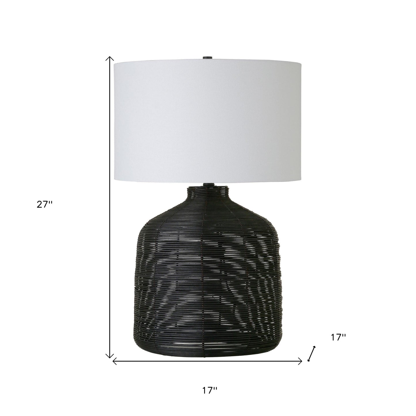 27" Black Rattan Table Lamp With White Drum Shade