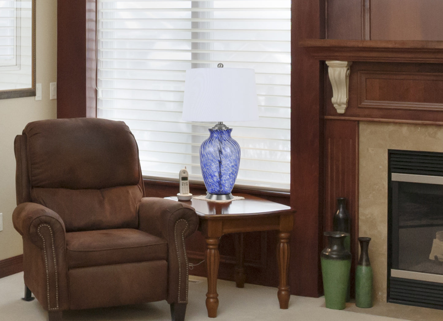 28" Blue Swirl Glass Table Lamp With White Empire Shade