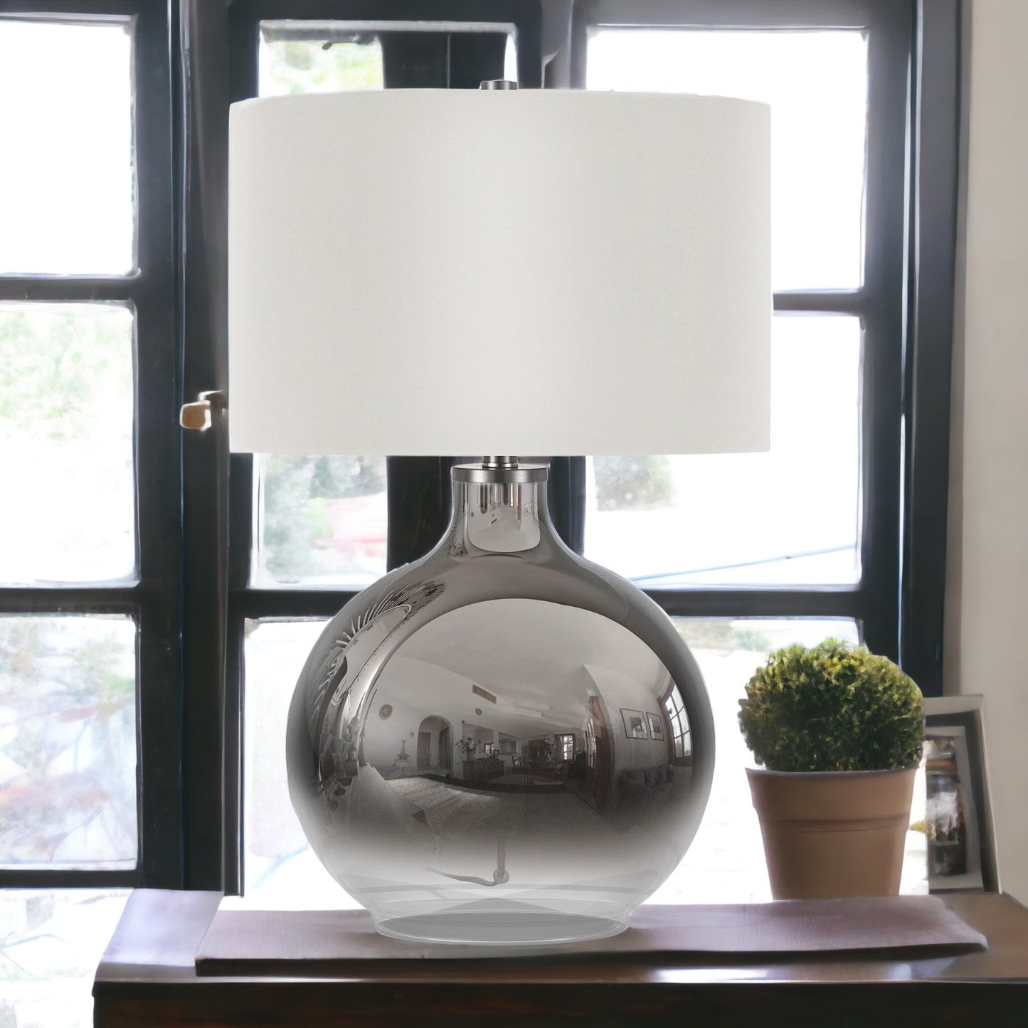 24" Nickel Glass Table Lamp With White Drum Shade