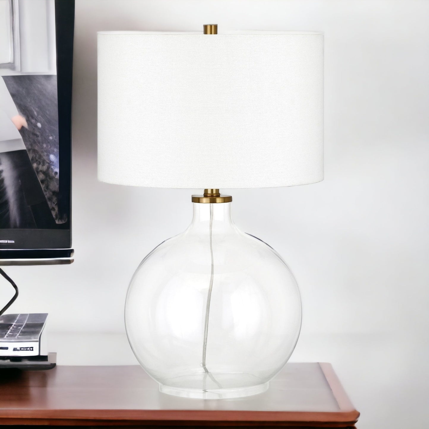 24" Clear Glass Table Lamp With White Drum Shade