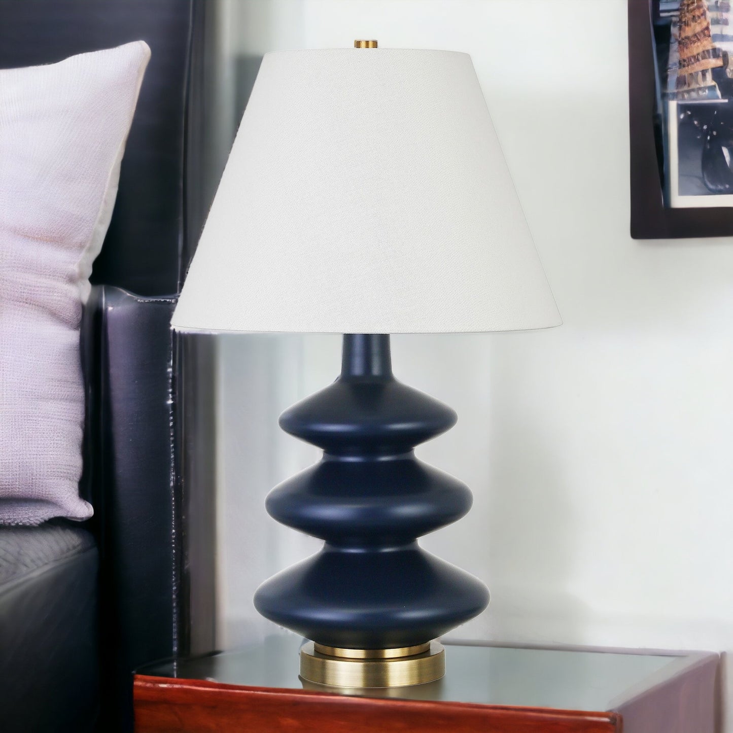 26" Blue and Gold Glass Table Lamp With White Empire Shade