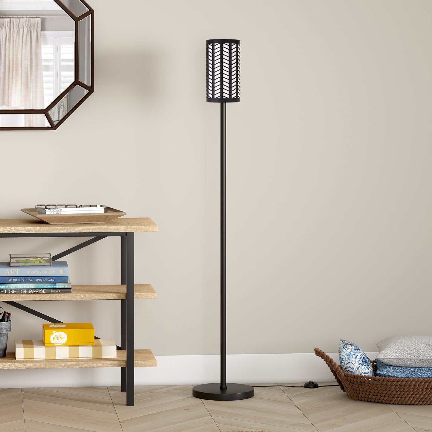 63" Black Torchiere Floor Lamp With Black Drum Shade