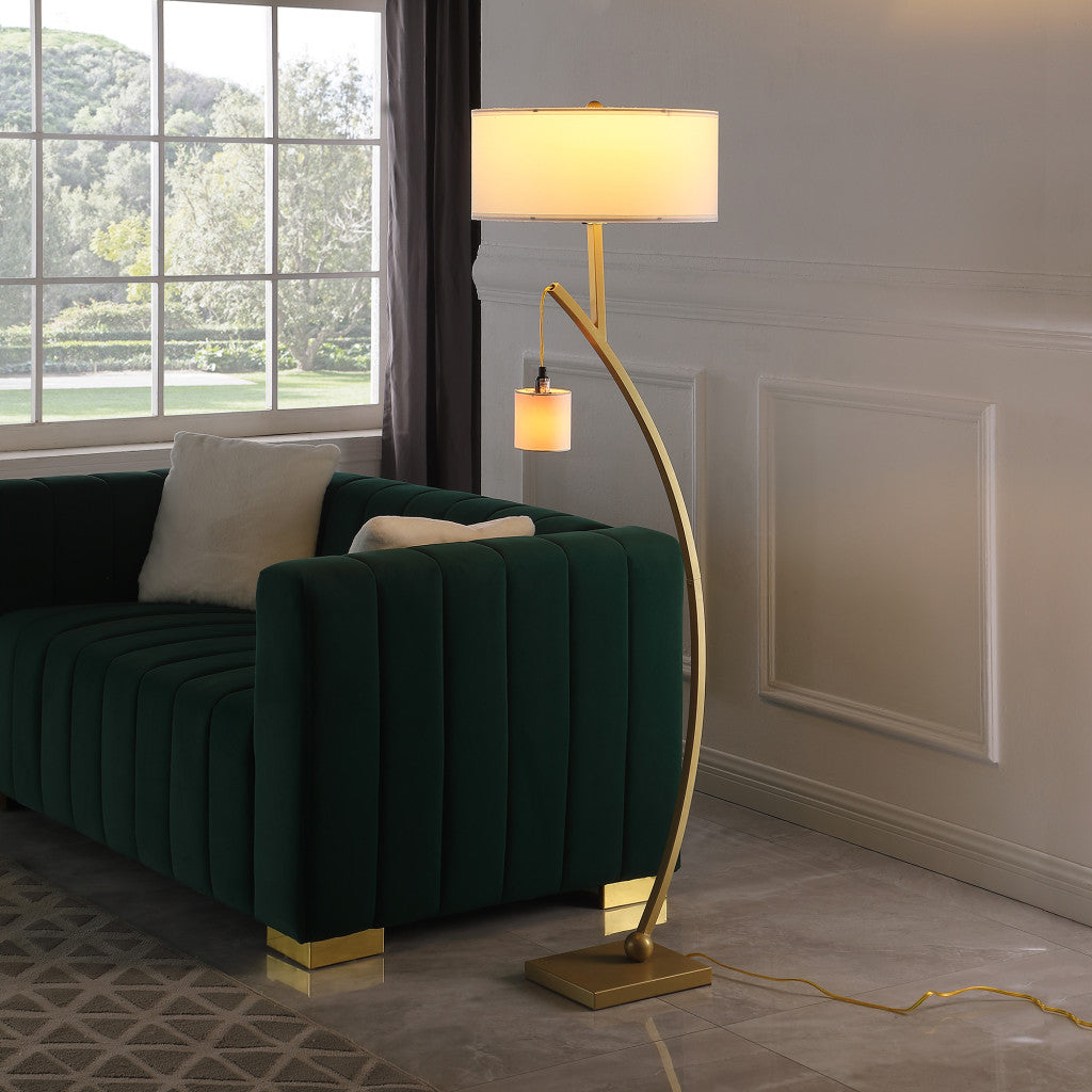 59" Matte Gold Dual Arc Floor Lamp With White Drum Shade