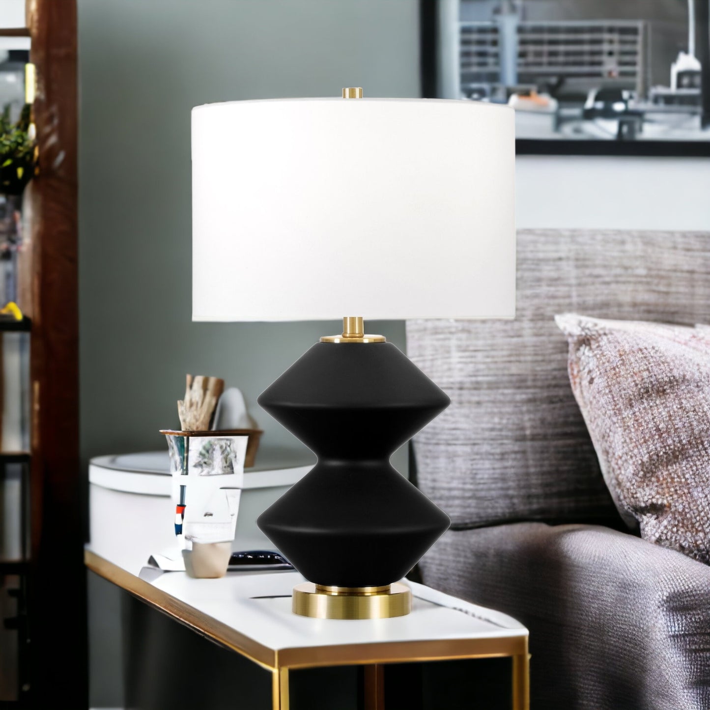 23" Black and Gold Glass Table Lamp With White Drum Shade