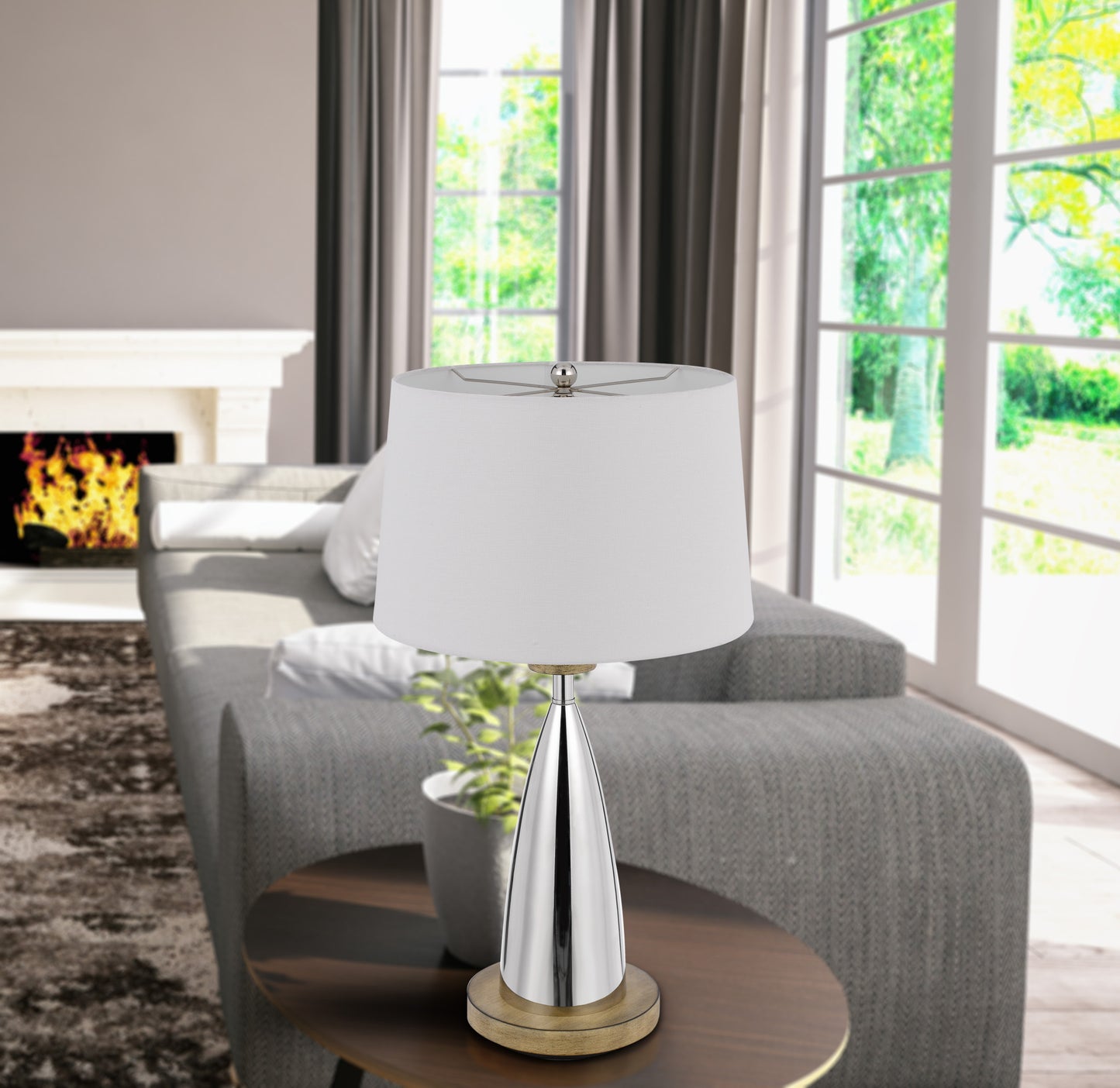 31" Silver Metallic Metal Usb Table Lamp With White Empire Shade