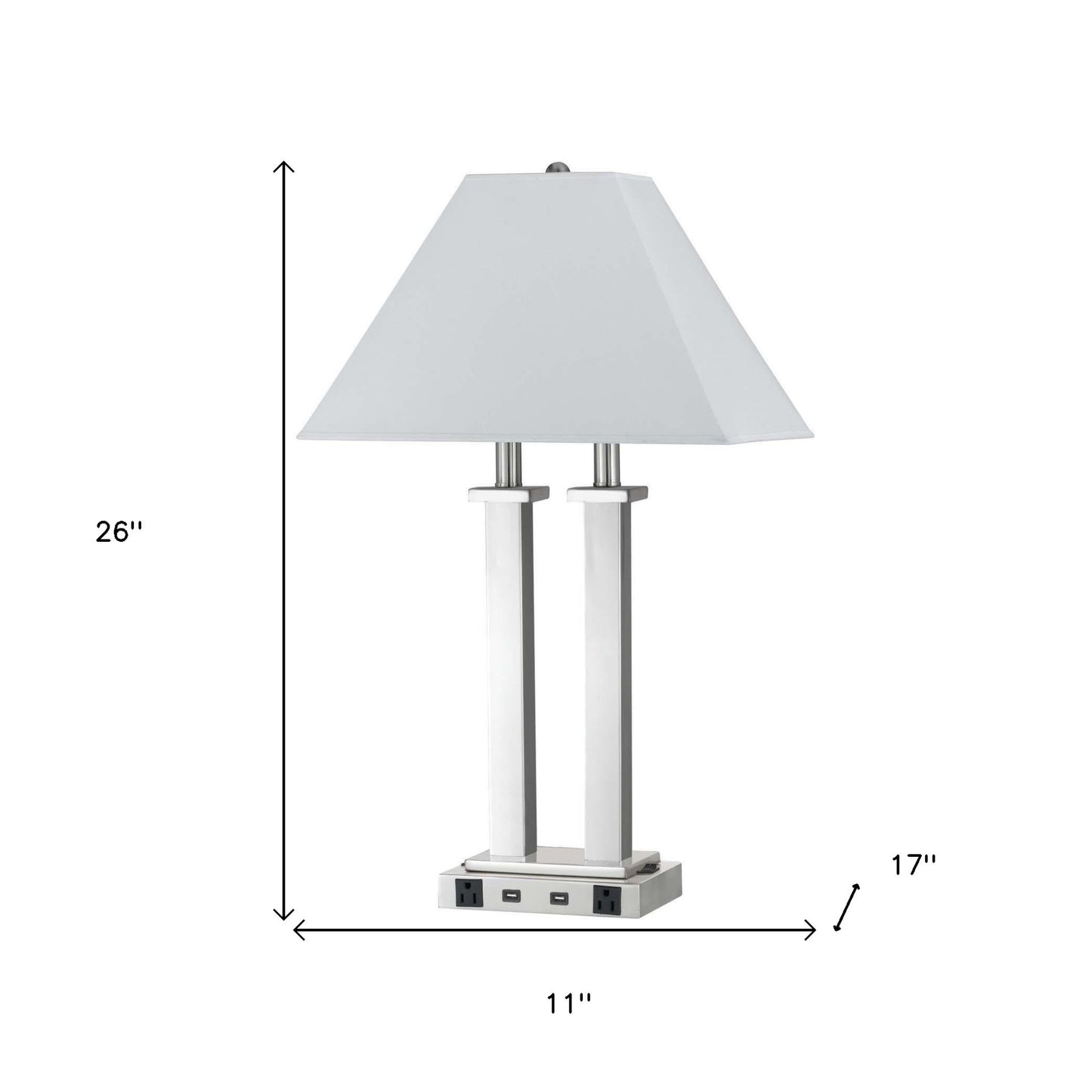 26" Nickel Metal Two Light Desk Usb Table Lamp With White Novelty Shade