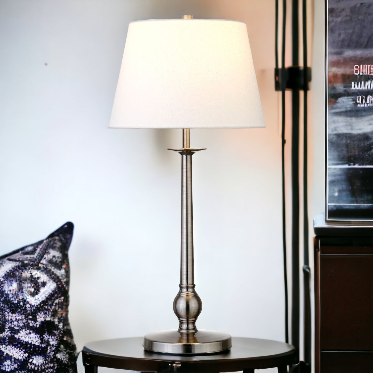 28" Nickel Metal Table Lamp With White Empire Shade