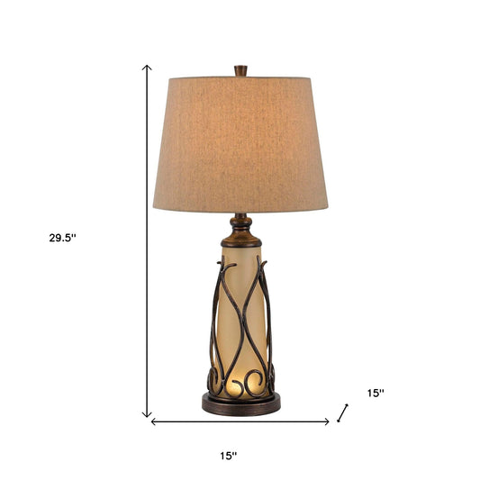 30" Brown Metal Two Light Table Lamp With Brown Empire Shade