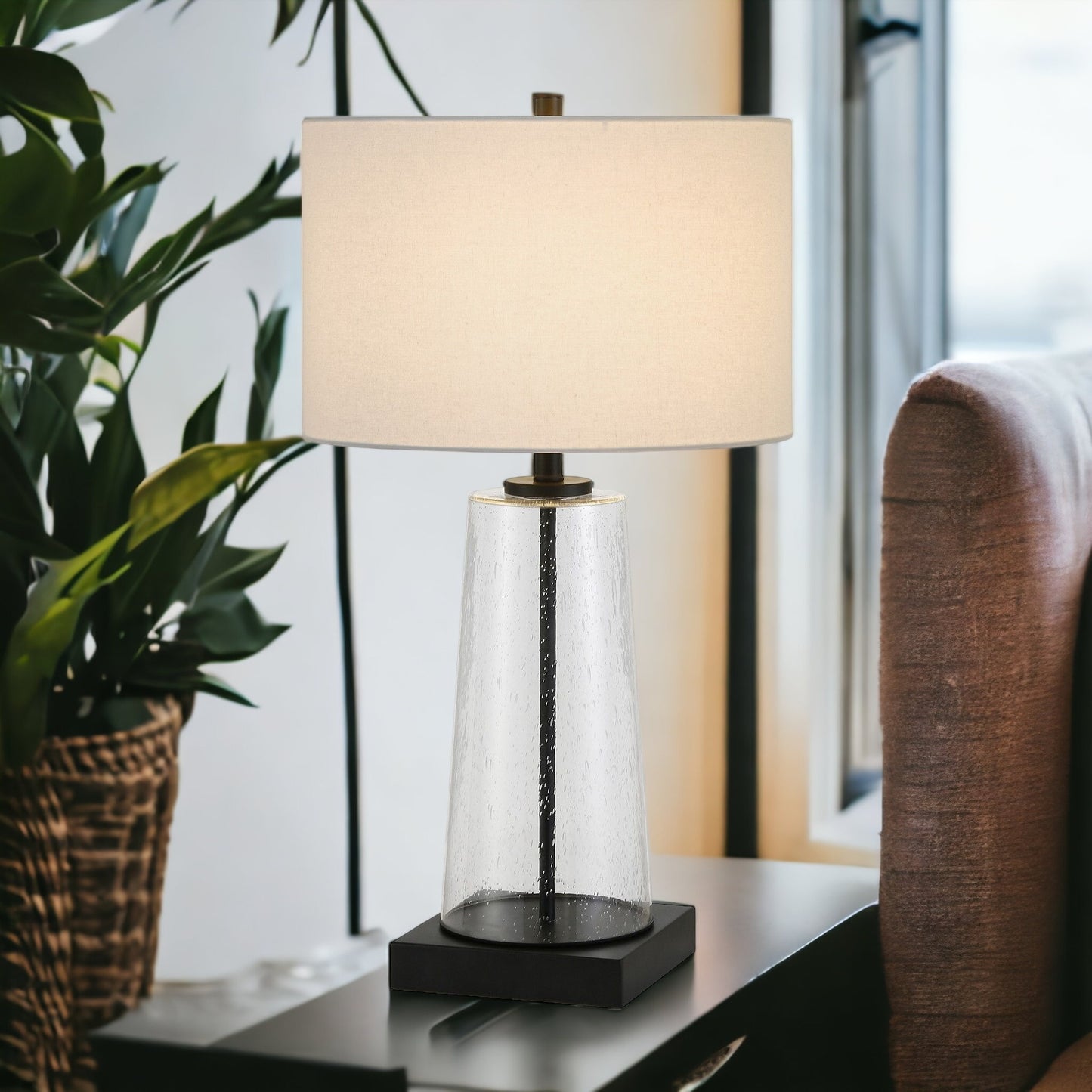 27" Black Glass Table Lamp With White Drum Shade