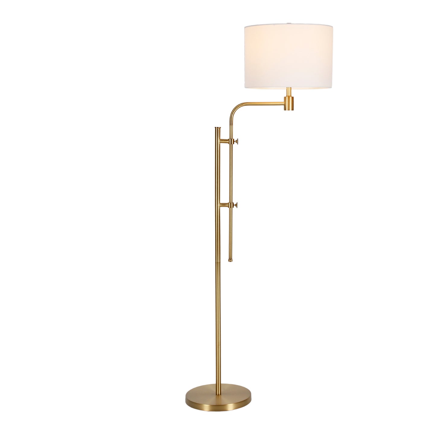 71" Brass Adjustable Floor Lamp With White Fabric Drum Shade