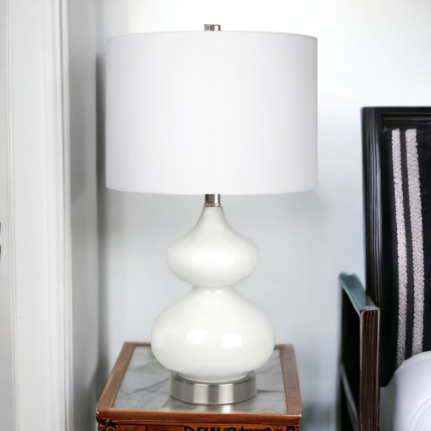 23" White and Silver Glass Table Lamp With White Drum Shade