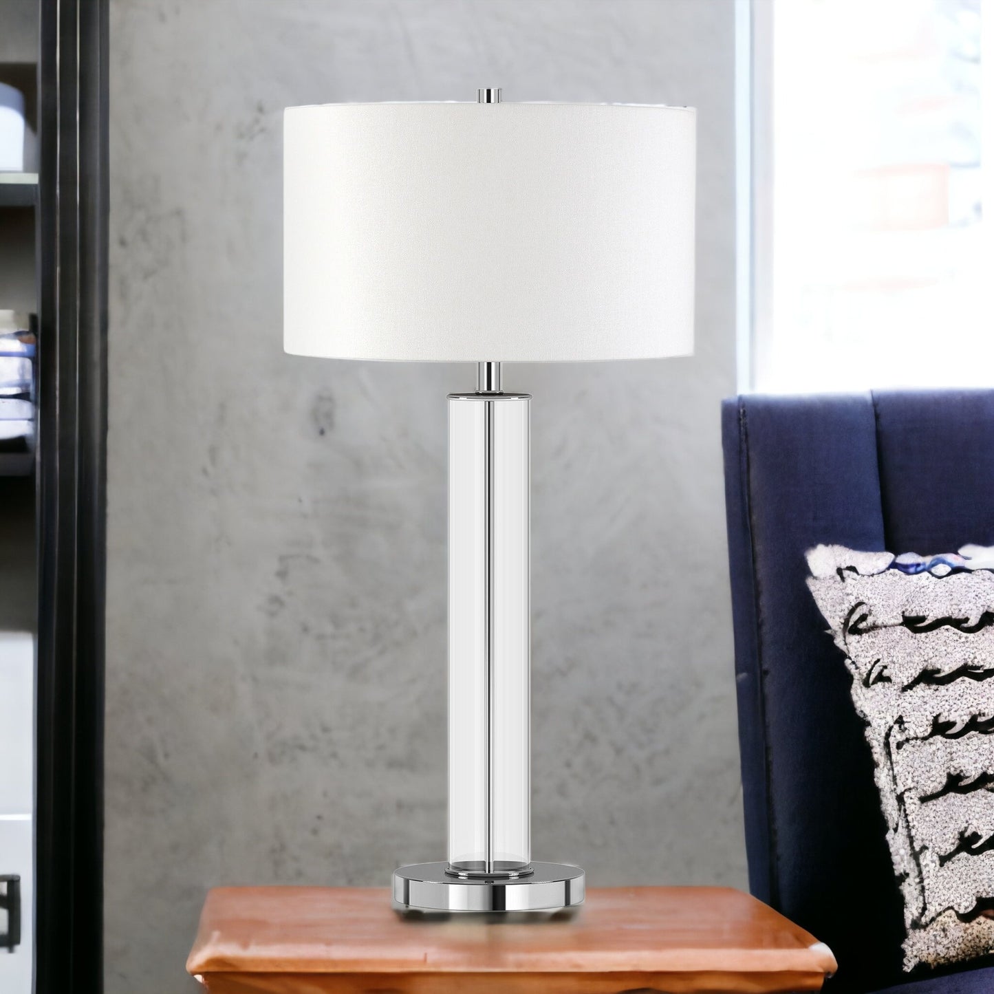 29" Nickel Glass Table Lamp With White Drum Shade