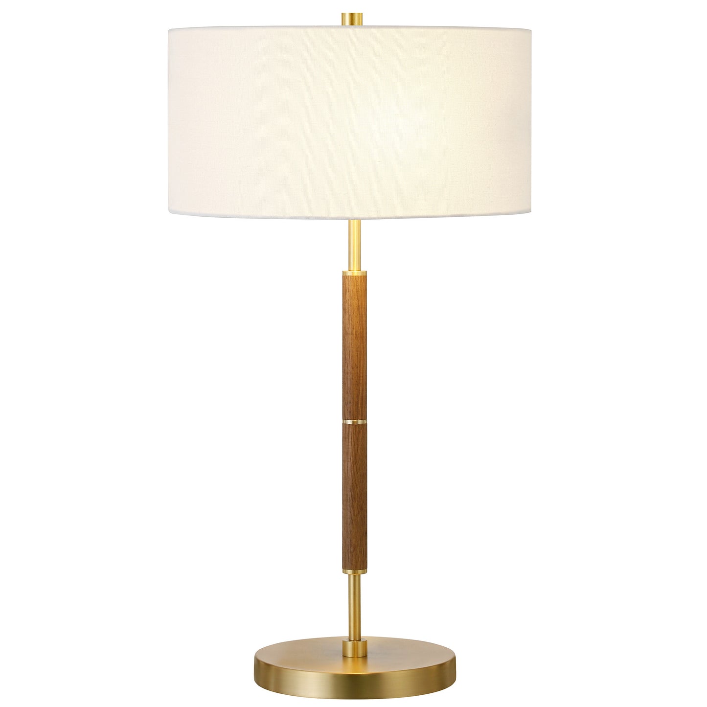 25" Gold and Oak Metal Two Light Table Lamp With White Drum Shade