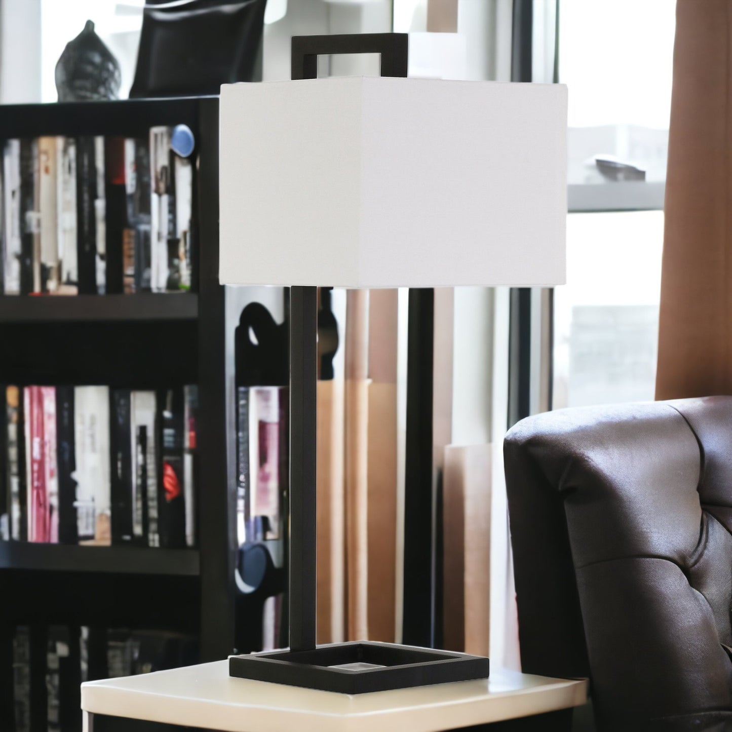 26" Black Metal Arched Table Lamp With White Square Shade