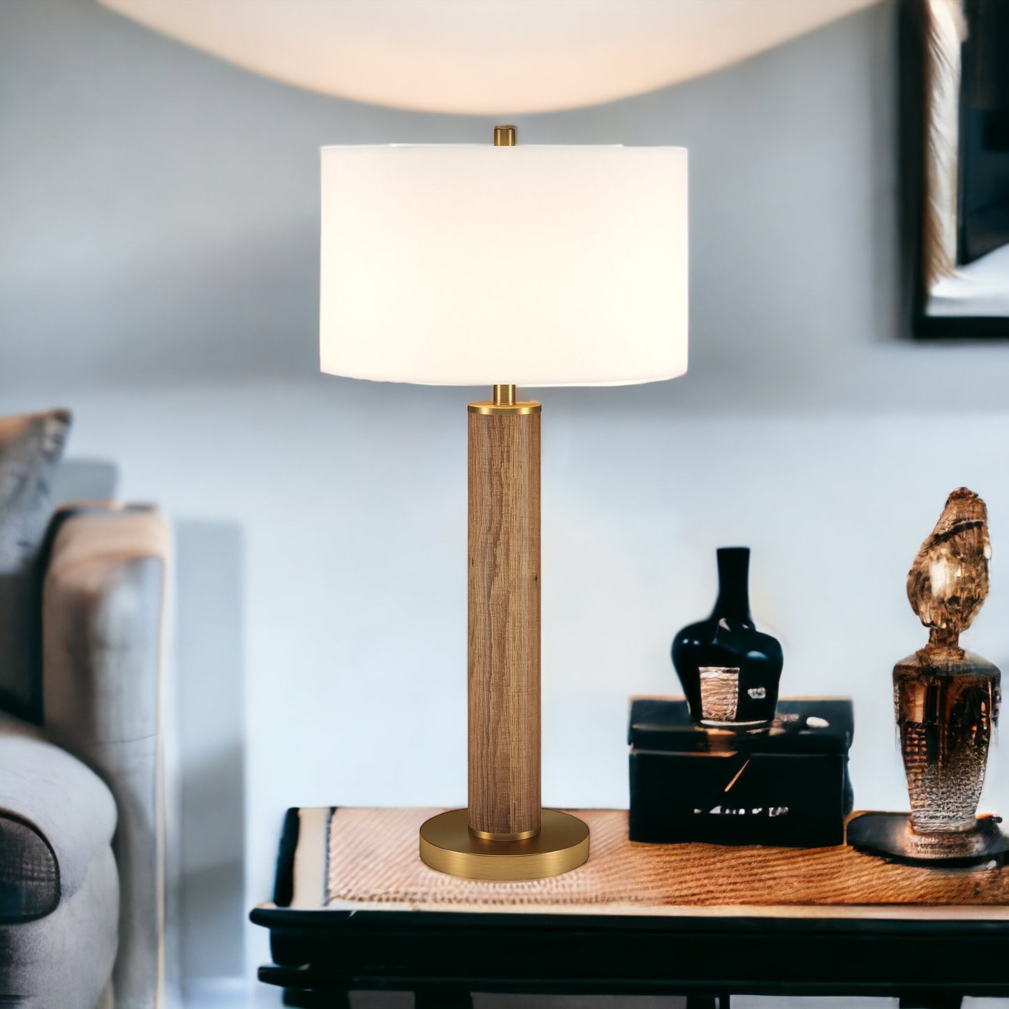 29" Gold and Brown Metal Table Lamp With White Drum Shade