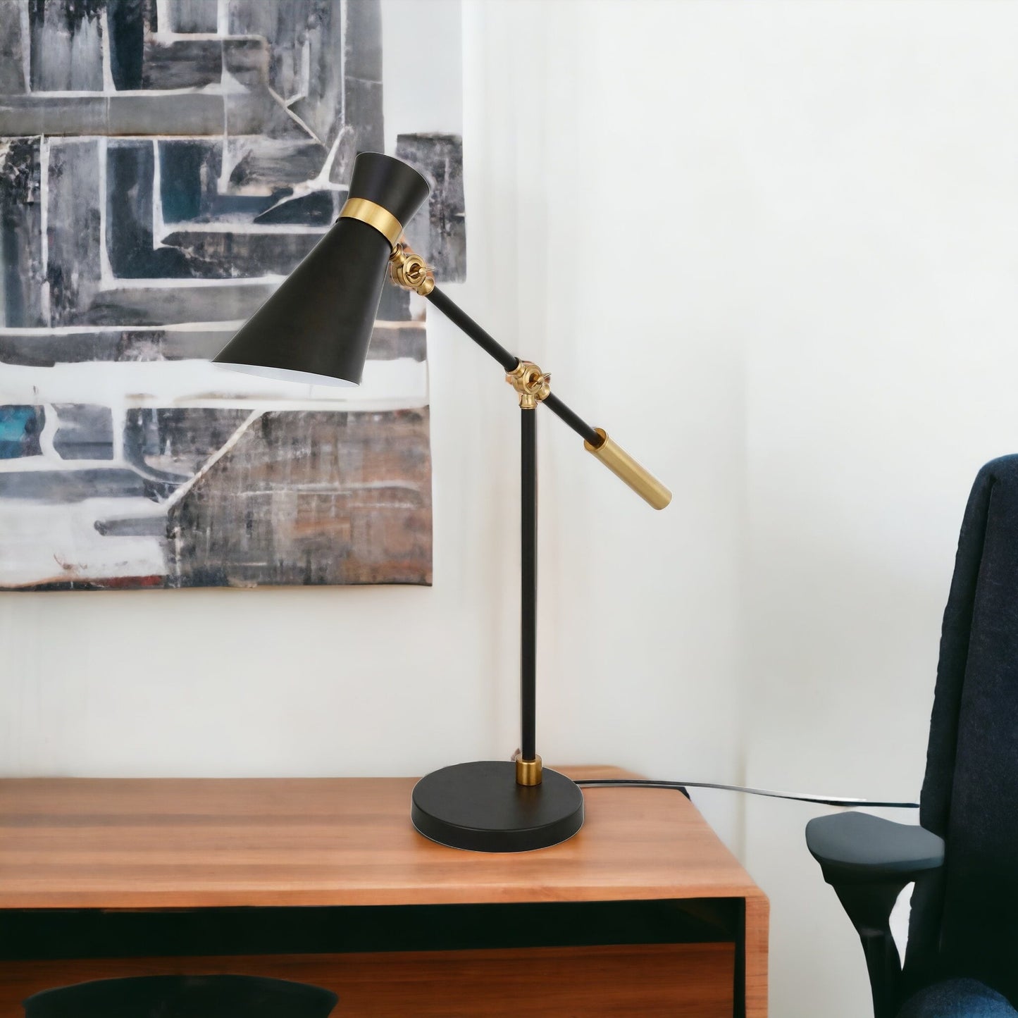 30" Black and Gold Metal Desk Table Lamp With Black Cone Shade