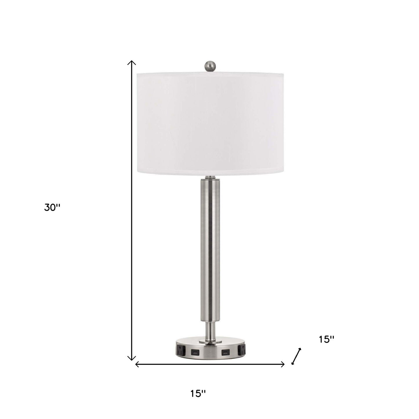 30" Nickel Metal Usb Table Lamp With White Drum Shade