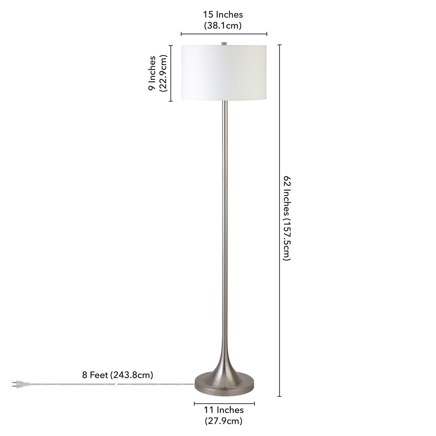 62" Nickel Traditional Shaped Floor Lamp With White Frosted Glass Drum Shade