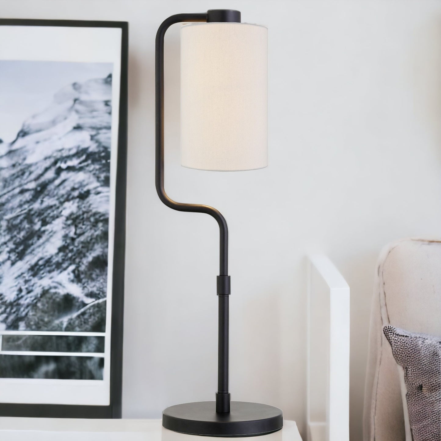 24" Black Metal Table Lamp With White Cylinder Shade