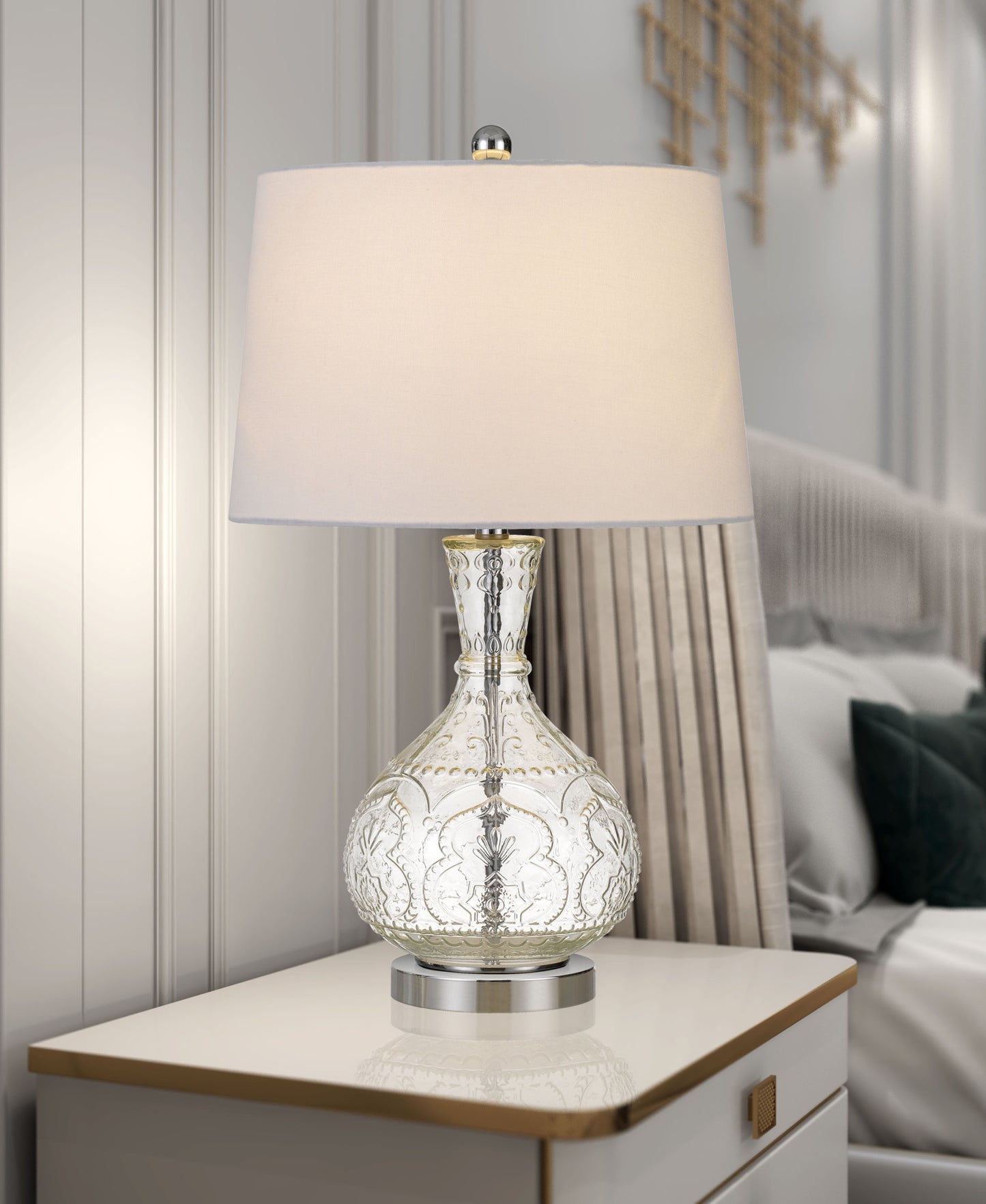 27" Clear Metal Table Lamp With White Rectangular Shade