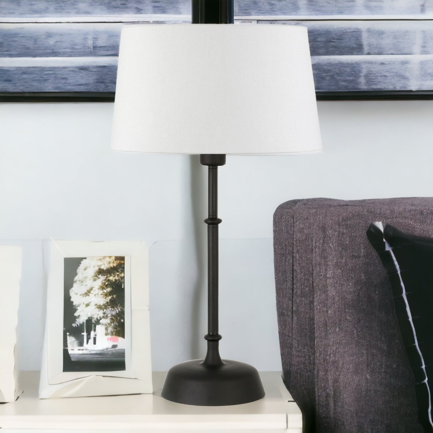 24" Black Metal Table Lamp With White Drum Shade