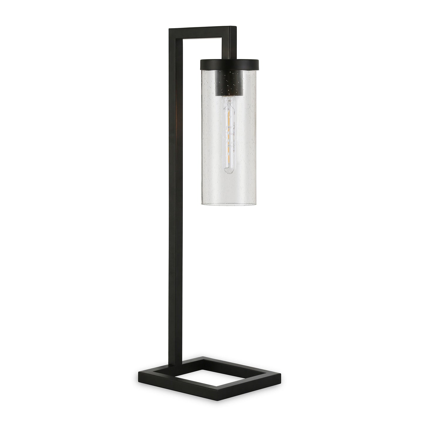 26" Black Metal Arched Table Lamp With Clear Seeded Cylinder Shade