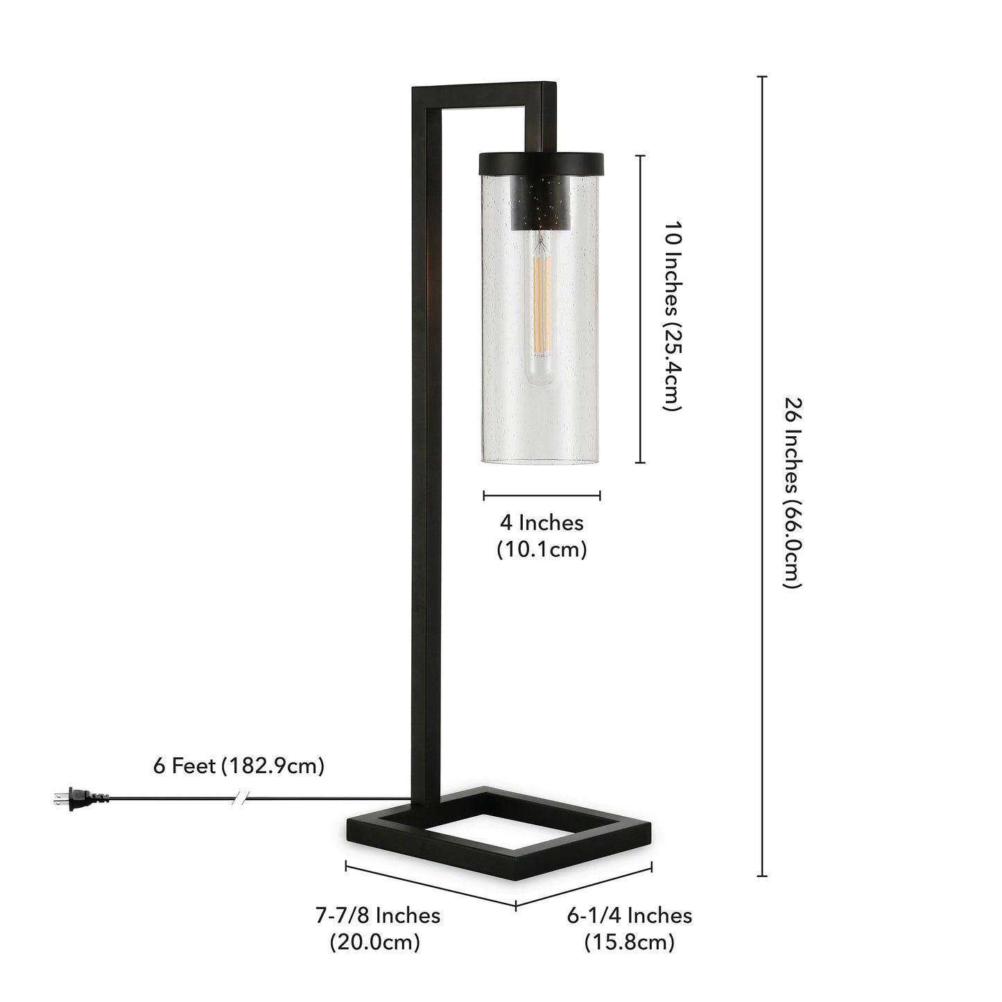 26" Black Metal Arched Table Lamp With Clear Seeded Cylinder Shade