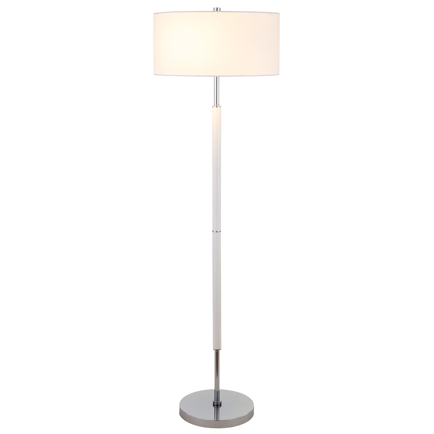 61" Nickel Two Light Floor Lamp With White Frosted Glass Drum Shade