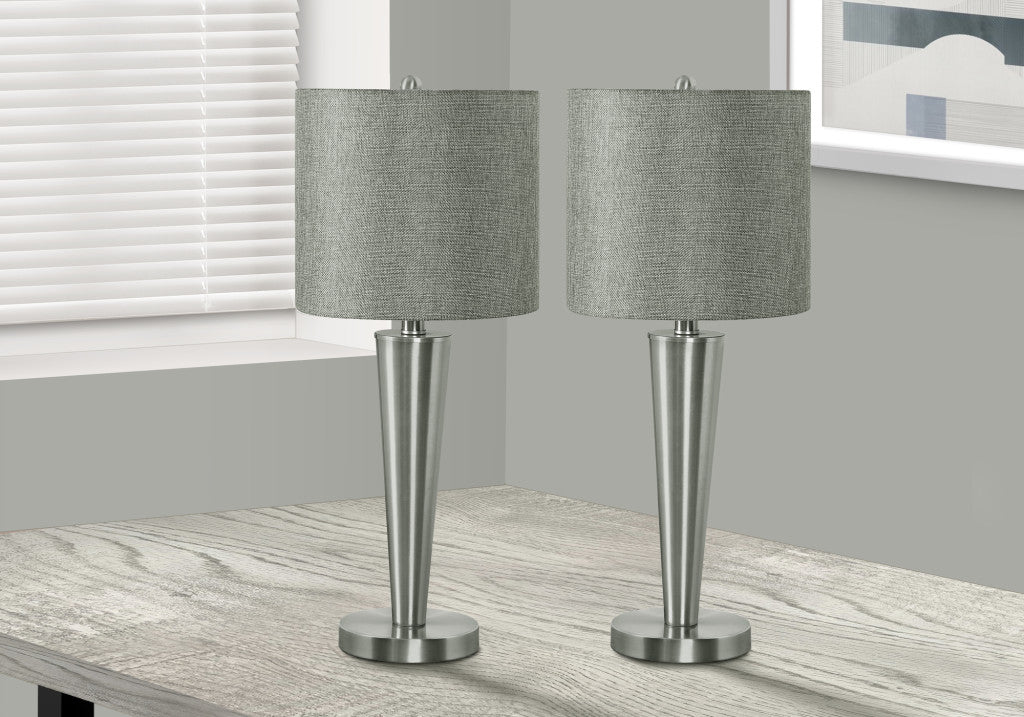 Set of Two 24" Silver Metal Candlestick USB Table Lamps With Gray Drum Shades