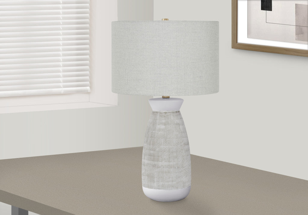 27" Gray and White Ceramic Round Table Lamp With Gray Drum Shade