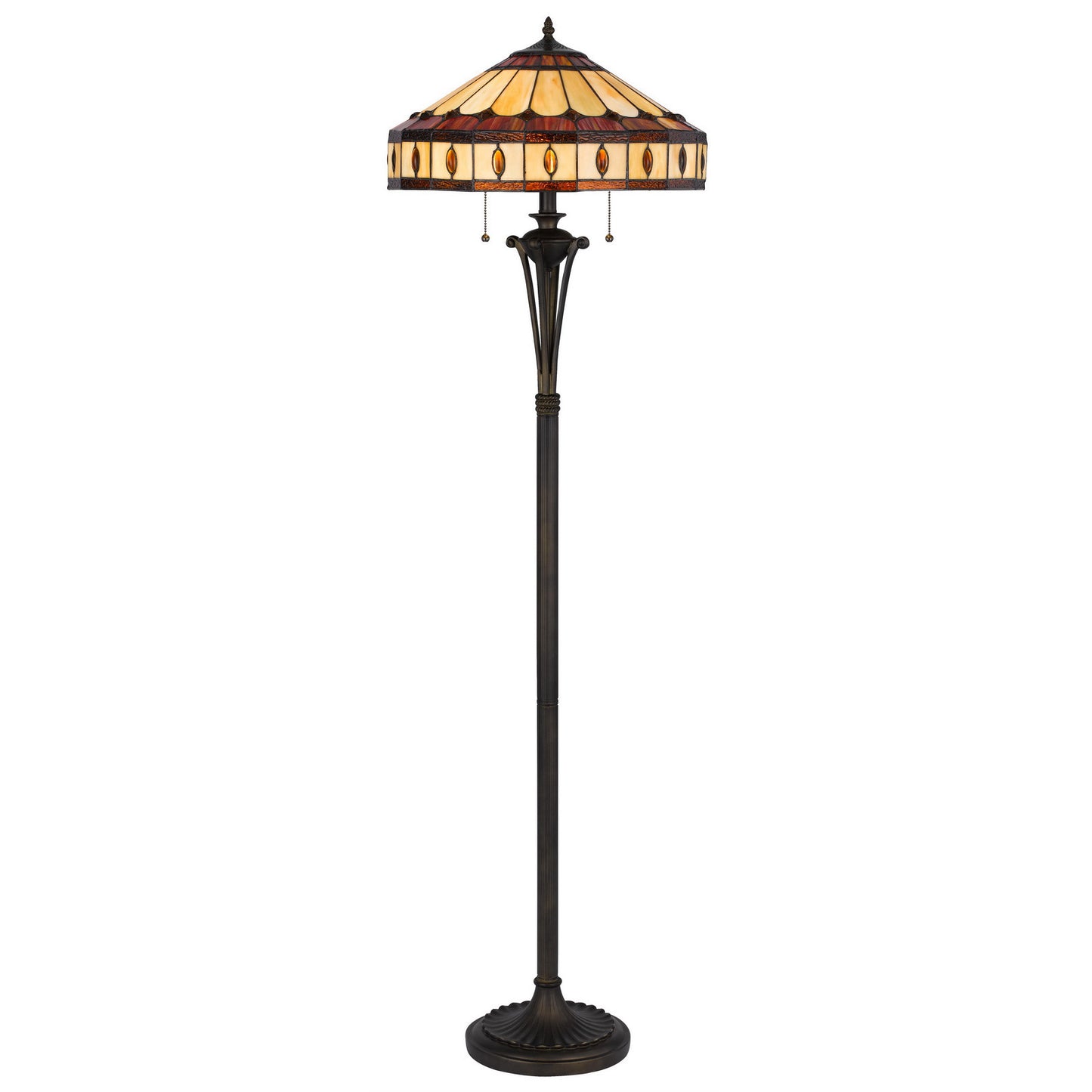 61" Bronze Two Light Traditional Shaped Floor Lamp With Purple and Ivory Abstract Tiffany Glass Empire Shade