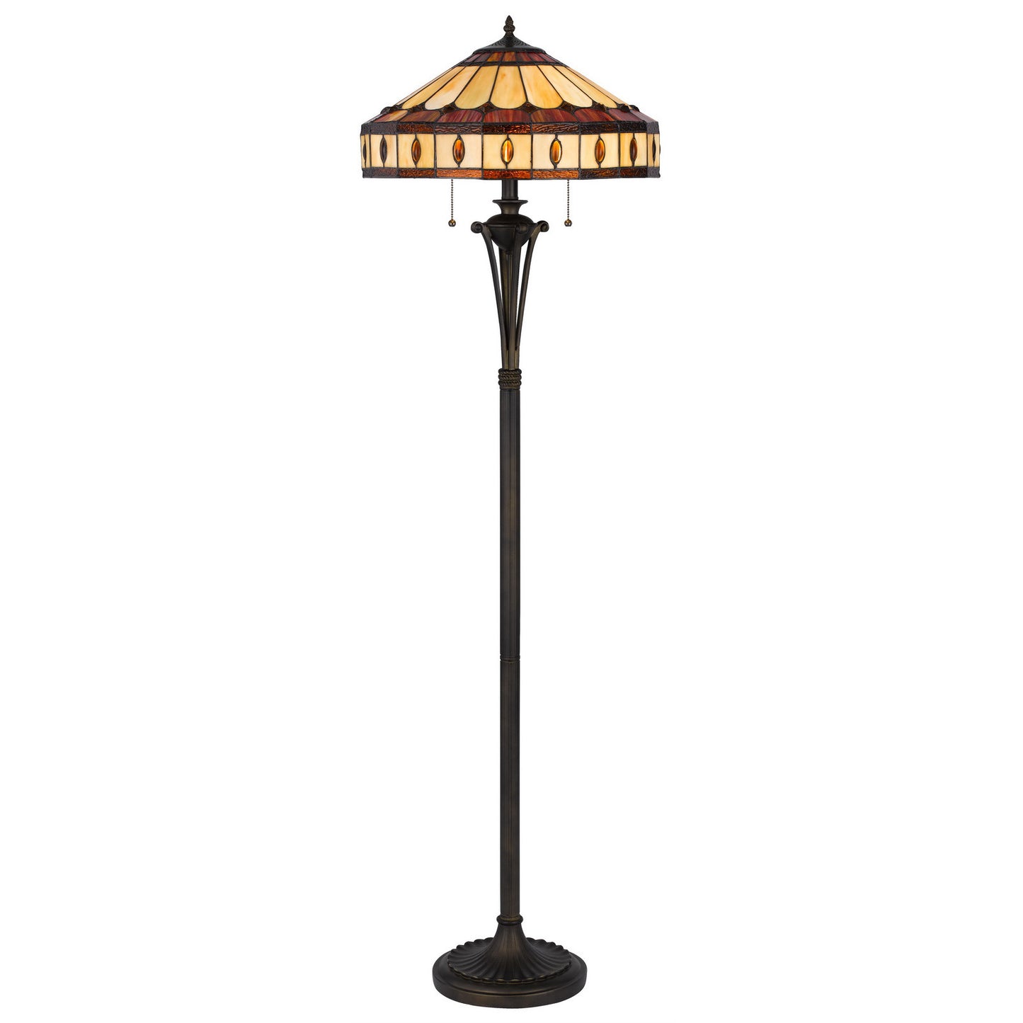 61" Bronze Two Light Traditional Shaped Floor Lamp With Purple and Ivory Abstract Tiffany Glass Empire Shade