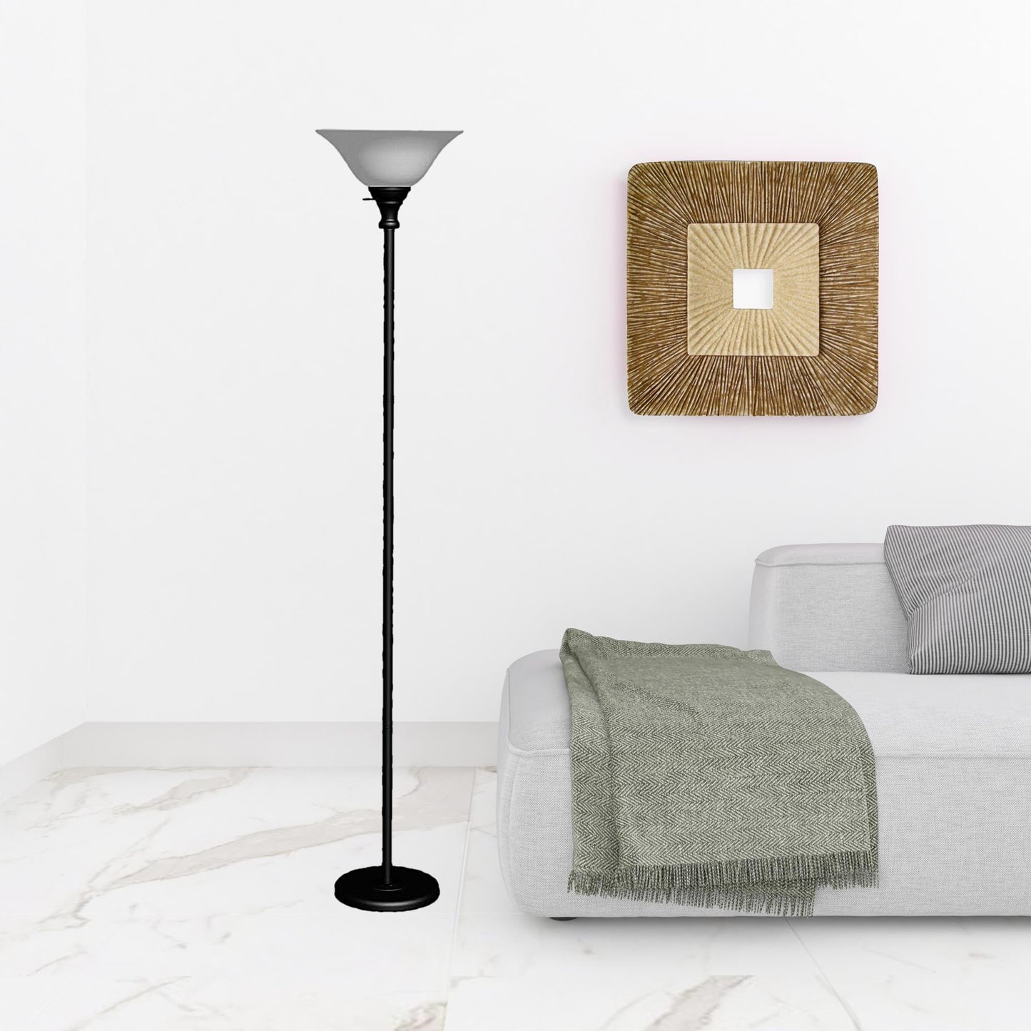 71" Black Torchiere Floor Lamp With Black Frosted Glass Dome Shade