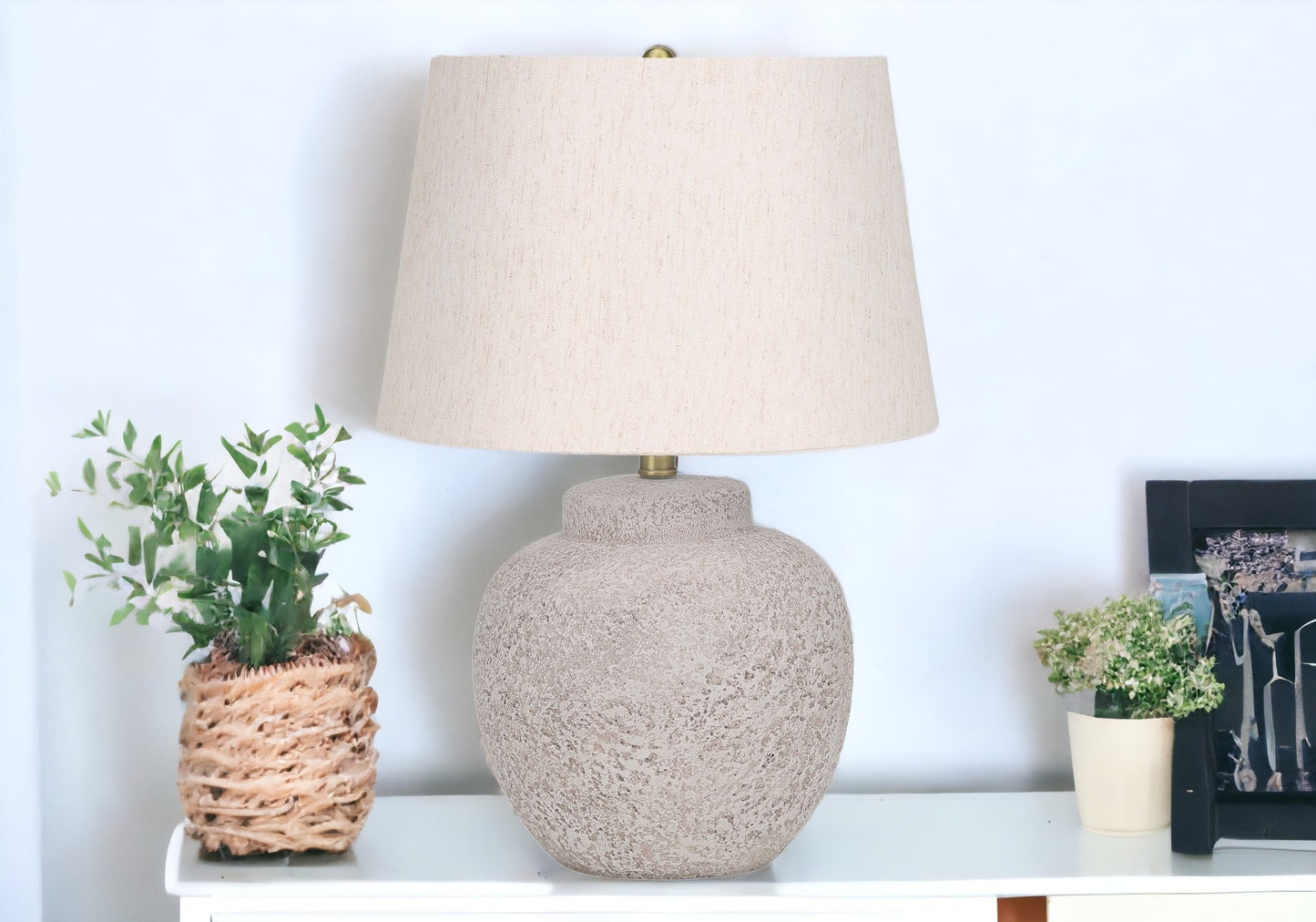 22" Cream Concrete Urn Table Lamp With Cream Abstract Empire Shade