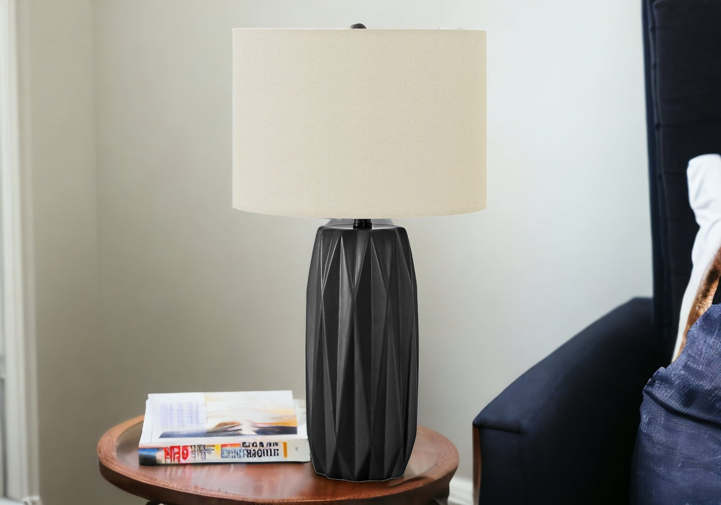 25" Black Ceramic Geometric Table Lamp With Ivory Drum Shade