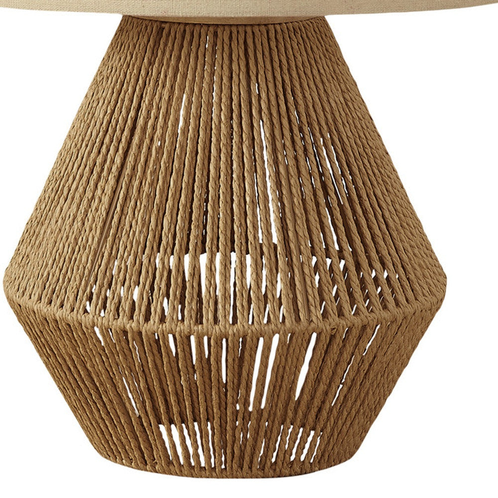 22" Brown Rattan Geometric Table Lamp With Beige Drum Shade