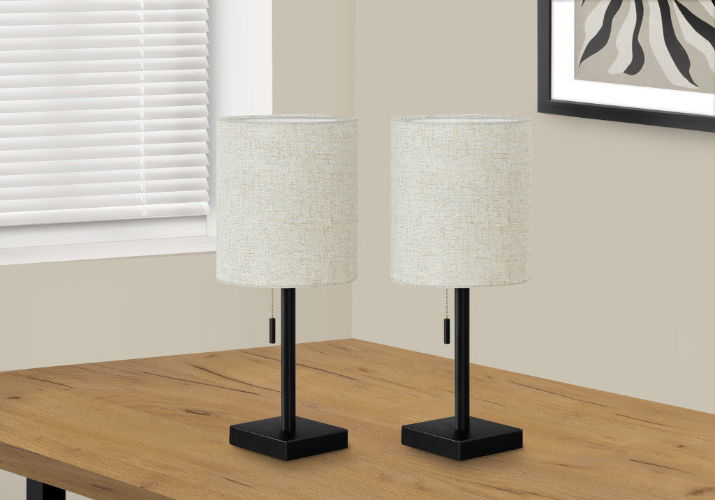 Set of Two 17" Black Metal Candlestick USB Table Lamp With Beige Drum Shade