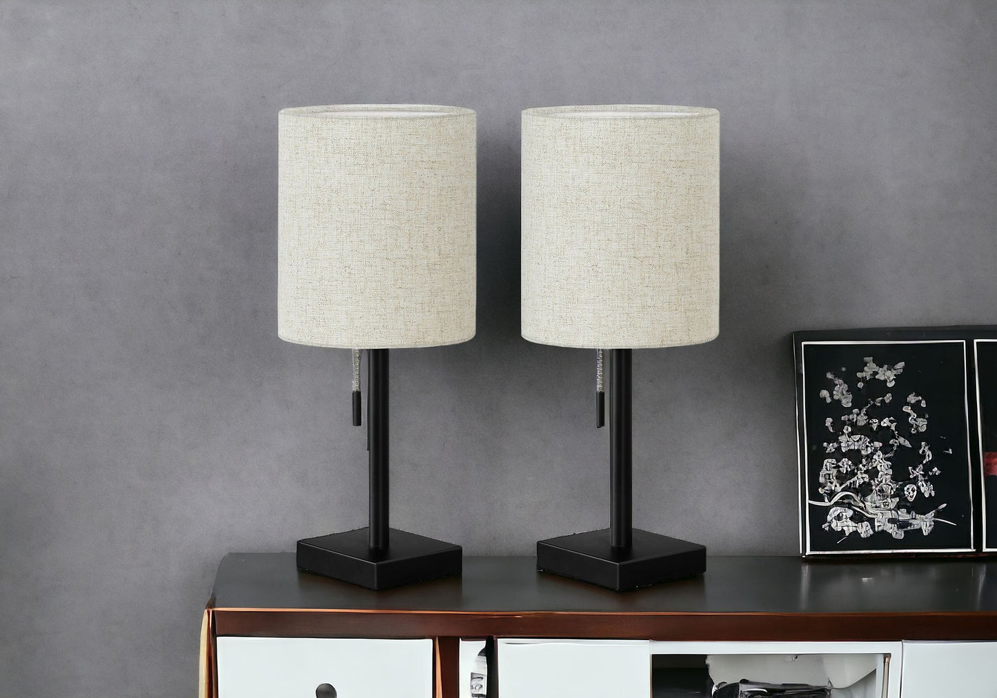 Set of Two 17" Black Metal Candlestick USB Table Lamp With Beige Drum Shade