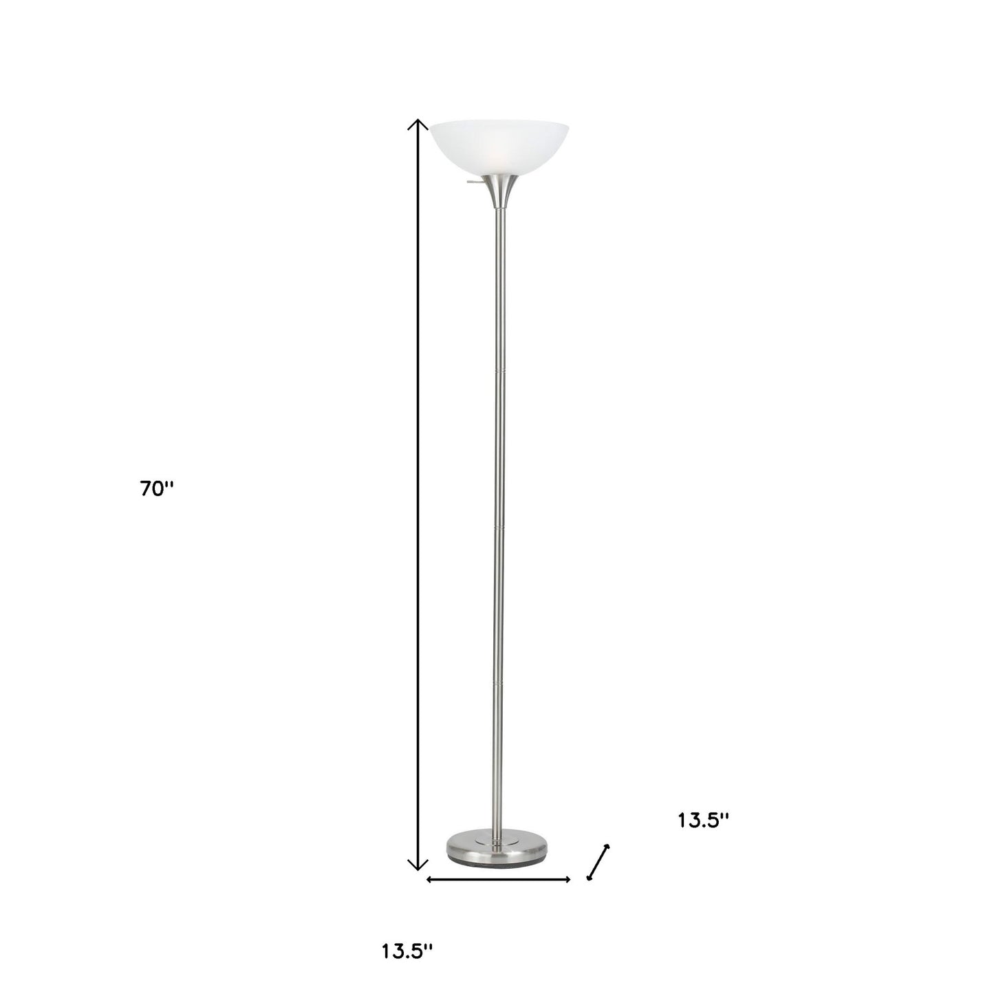 70" Nickel Torchiere Floor Lamp With White Frosted Glass Dome Shade