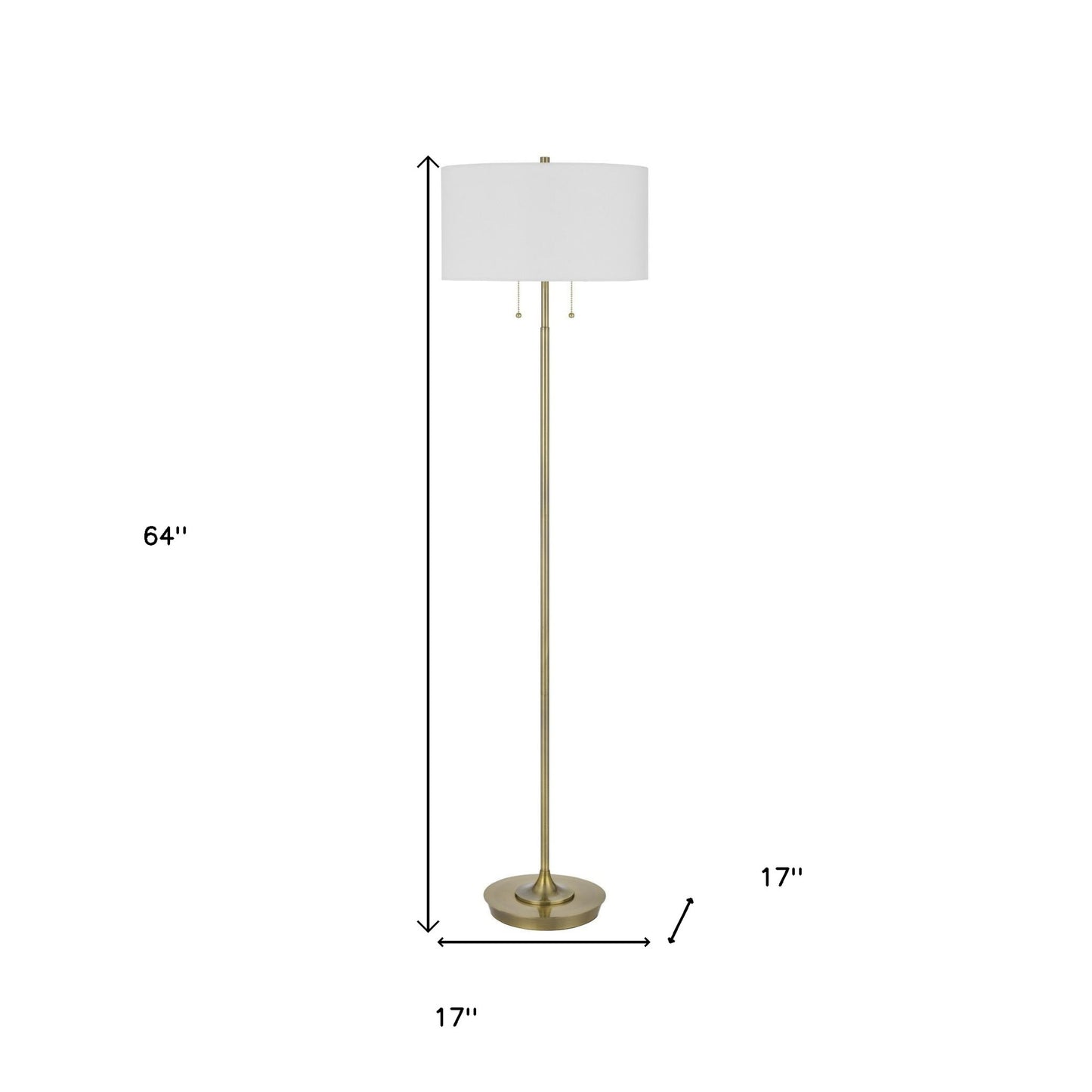 64" Brass Two Light Traditional Shaped Floor Lamp With White Rectangular Shade