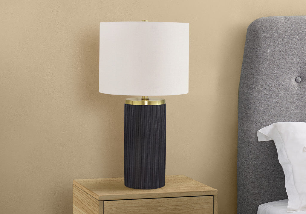 24" Black and Gold Concrete Cylinder Table Lamp With Ivory Drum Shade