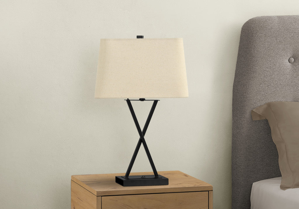 25" Black Metal Geometric USB Table Lamp With Beige Shade