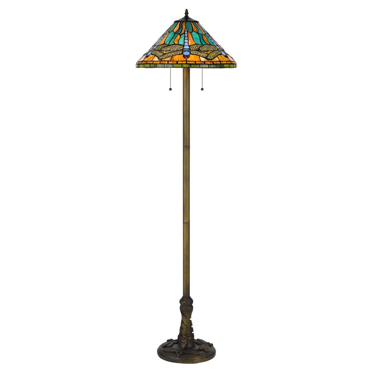 63" Brass Two Light Traditional Shaped Floor Lamp With Blue and Orange Dragonfly Tiffany Glass Empire Shade